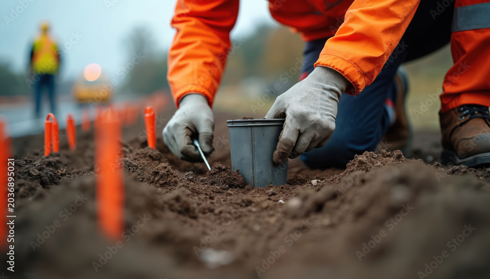 Naklejka premium Geotechnical engineer takes soil sample with trowel at construction site. Worker in orange vest collects dirt for land analysis. Roadwork project underway. Safety markers visible.