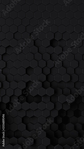 Smooth black honeycomb background of patterned hexagons. Random array of 3d rendered hex shapes creating a visual of sleek, dark, shadowy pattern for futuristic, scientific, or technical backgrounds.
