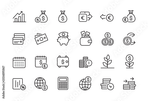 Professional financial line icon set for banking investment and economic analysis web