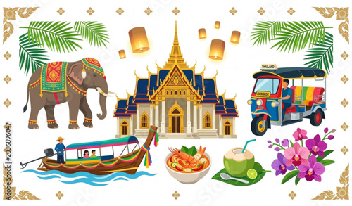 Thailand culture travel items vector collection with temple elephant tuk tuk and traditional symbols
