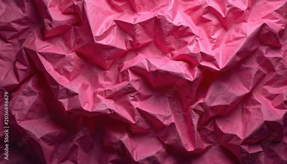 Fototapeta premium Crushed paper creates textured backdrop with folds and shadows. Vibrant magenta hue offers rich surface for design. Blank copy space for text overlay. Useful for graphic arts.