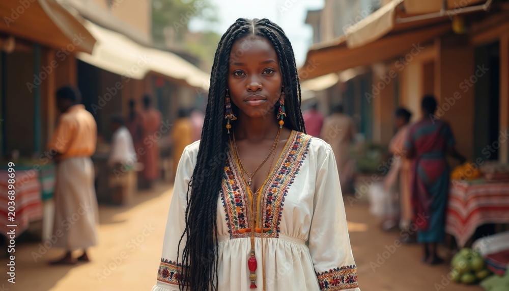 Fototapeta premium Young African woman with braided hair stands in a busy market. She wears a white dress with colorful embroidery and traditional jewelry. People and stalls blur in background.
