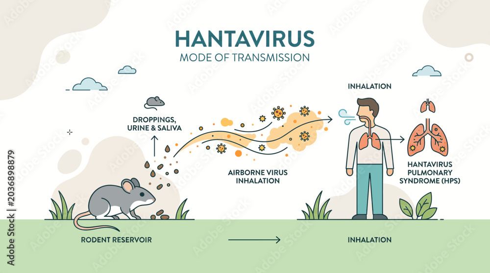 Fototapeta premium Hantavirus mode of transmission from rodent reservoir to human via airborne inhalation causing pulmonary syndrome.