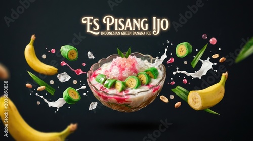 Delicious Es Pisang Ijo Dessert with Fresh Banana and Ice Cream on Black Background.