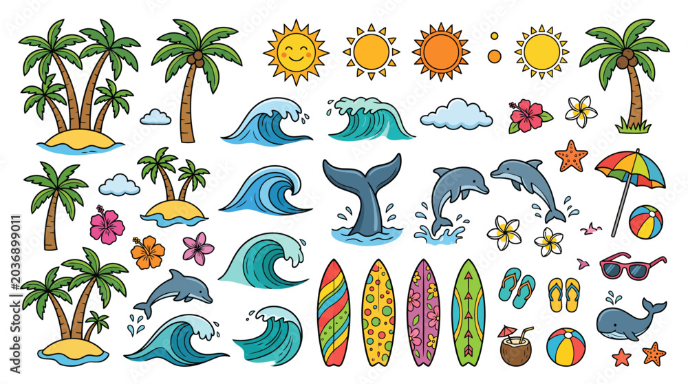 Obraz premium Colorful beach icons including palm trees, waves, dolphins, and surfboards
