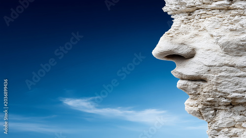 Stone face profile against blue sky background