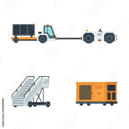 Airport Ground Support Equipment Set with Pushback Tractor Luggage Trailer Boarding Stairs and Power Generator Illustration