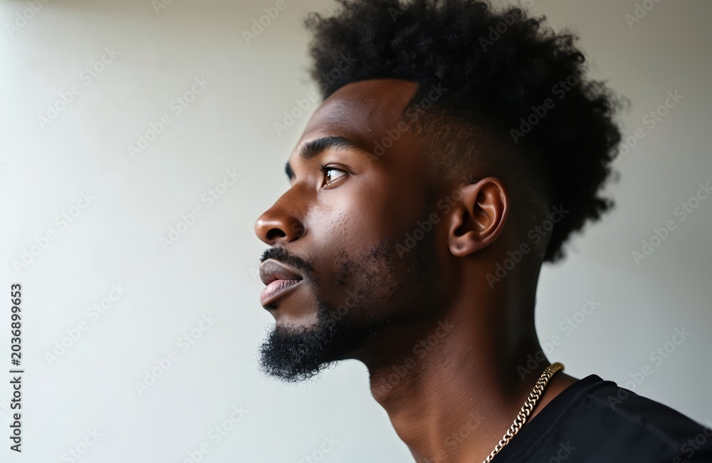 Obraz premium Young african american man profile close-up. Confident guy with beard and stylish haircut looking ahead. Modern male portrait, looking away, space for text.
