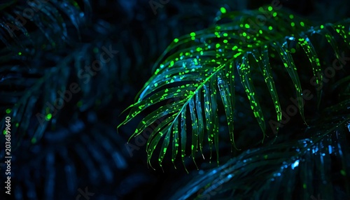 bioluminescent tropical leaves glowing in dark jungle, neon botanical background, exotic nature high contrast design