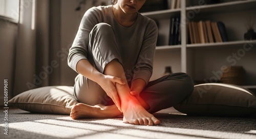 Young woman suffering from ankle pain, sitting on floor at home. Red spot indicates injury or discomfort. Healthcare and wellness.