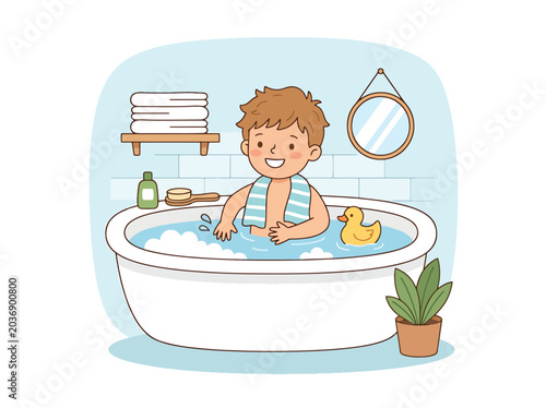 Simple flat vector illustration of child taking bath showing healthy hygiene habits and daily routine education