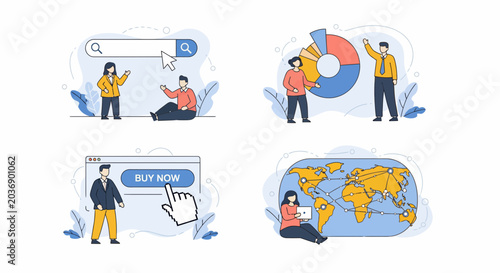 Digital Marketing Vector Set Including Search Engine Optimization Data Analysis Global Business and Online Shopping Concepts