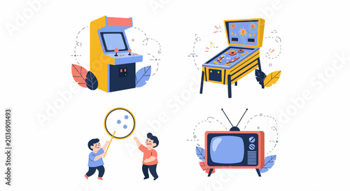 Retro arcade pinball machine old tv kids play bubble fun game hobby set collection vintage