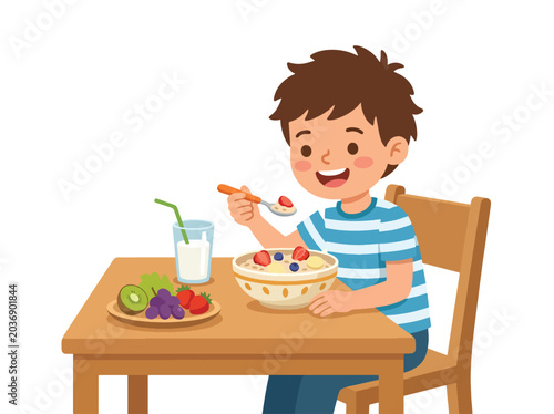 Simple flat vector illustration of happy child eating healthy breakfast with fruits and milk showing nutrition and positive daily habits