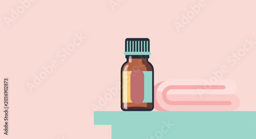 Photos This flat vector image features a small brown medicine bottle and a neatly folded pink towel sitting on a teal shelf with a pink backdrop
