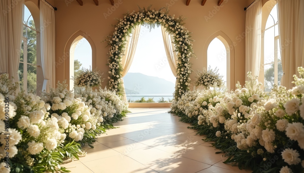 Fototapeta premium White floral archway decorated aisle indoors. Rich green plants bouquets line pathway leading to ocean view. Elegant setting for wedding ceremony, bridal celebration.