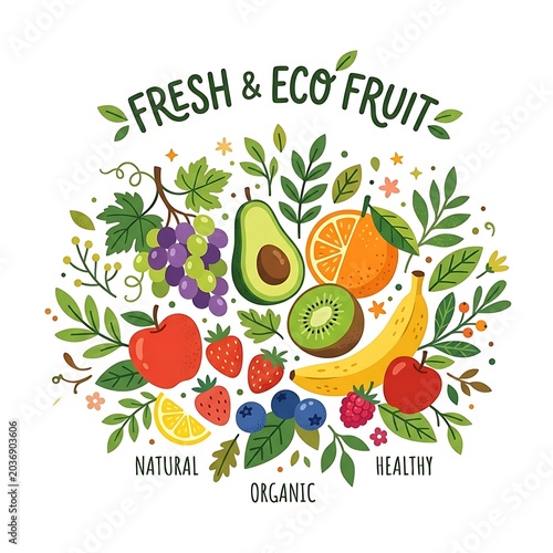 Fresh eco friendly fruits natural organic healthy illustration.