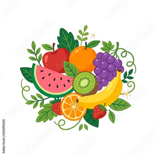 Colorful fresh fruit and vegetable wreath with greens.