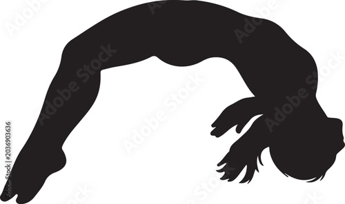 Black silhouette vector icon of a female gymnast performing a backflip tumbling move mid air isolated on white background