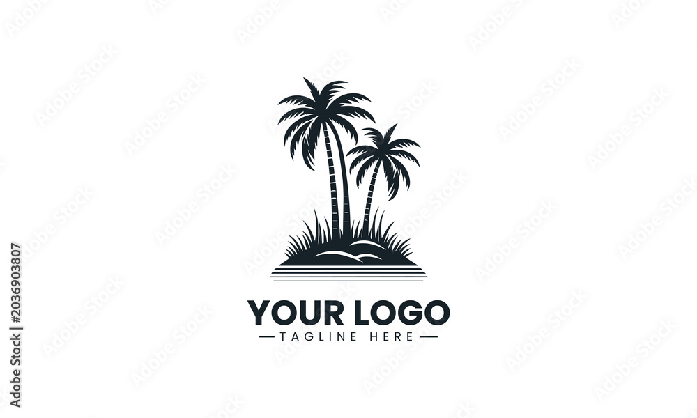 Obraz premium Three tropical palm trees are rooted in a small grassy island botanical