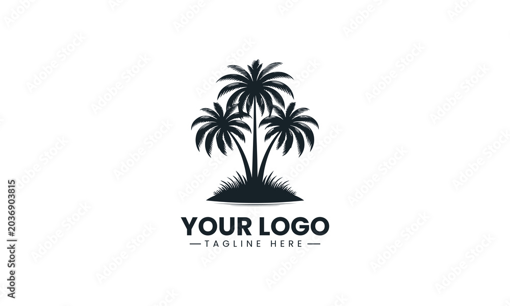 Obraz premium Three tropical palm trees are rooted in a small grassy island botanical