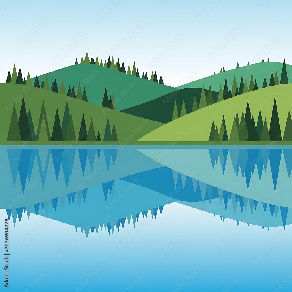 Fototapeta premium Serene green landscape with lush forest and lake.