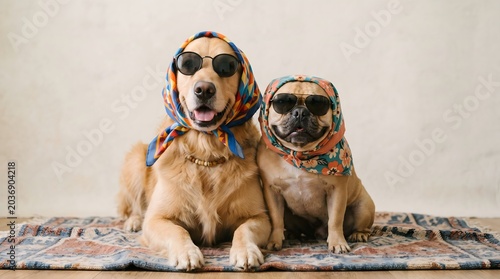 Two adorable dogs, a Golden Retriever and a Pug, dressed up in scarves and sunglasses for a fashion photoshoot