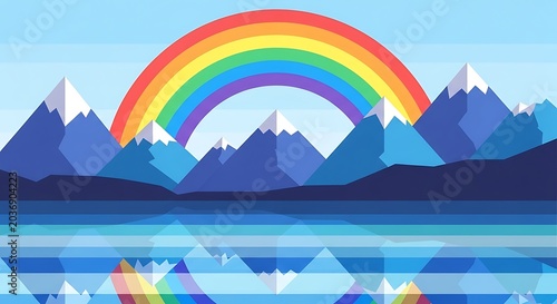 Vibrant rainbow arch over tropical island landscape.