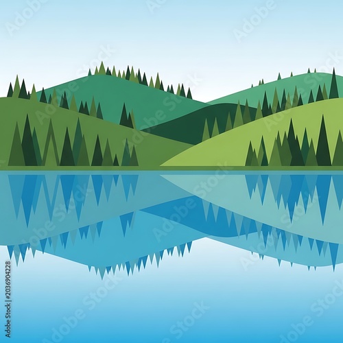 Serene green landscape with lush forest and lake.