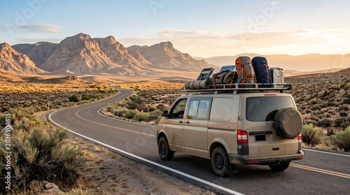 Adventurous camper van road trip through desert mountains, winding road at sunset, exploring nature's beauty and freedom