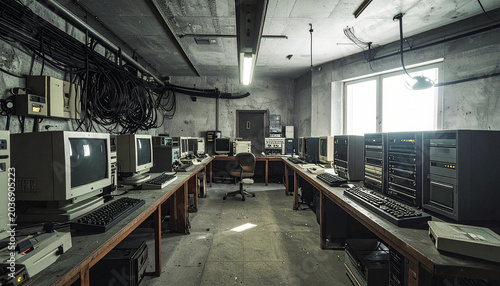 Retro Computer Lab: An old-fashioned computer lab filled with vintage equipment, including CRT monitors, large desktop towers, and tangled wires, evokes a sense of nostalgia for early computing eras.