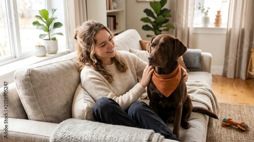 A serene moment indoors as a woman affectionately pets her loyal chocolate Labrador dog on a comfortable living room sofa, showcasing a heartwarming bond