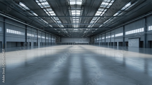 Empty modern warehouse interior with polished concrete floor