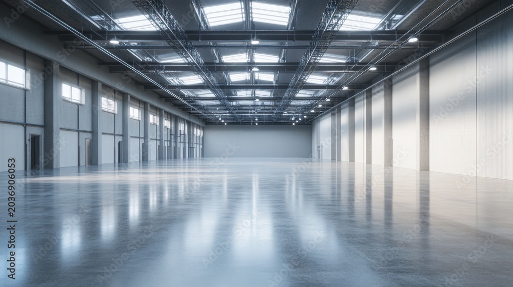 Fototapeta premium Empty modern warehouse interior with polished concrete floor