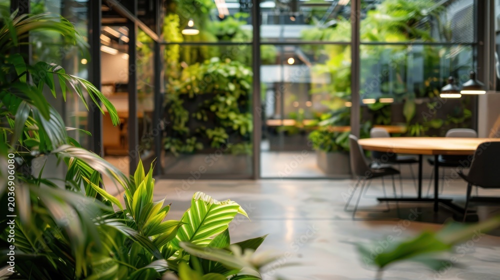 Fototapeta premium Modern office interior with lush green plants