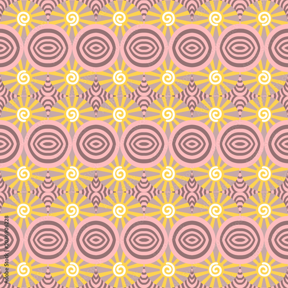 Fototapeta premium Retro style seamless geometric pattern with circular, spiral and symmetrical star shaped elements
