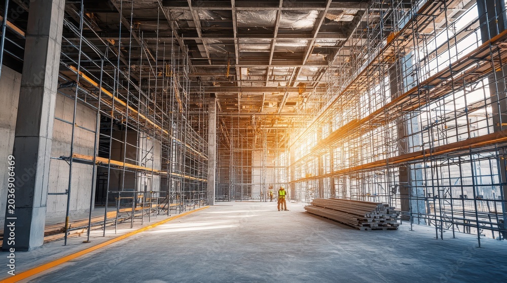 Fototapeta premium Abandoned warehouse interior with scaffolding and nobody