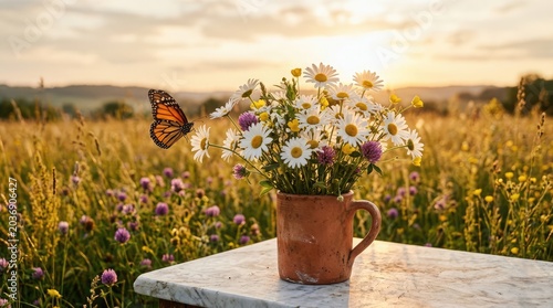 A serene landscape scene with a mug of colorful flowers on a table amidst a field of wildflowers at sunset with a butterfly.