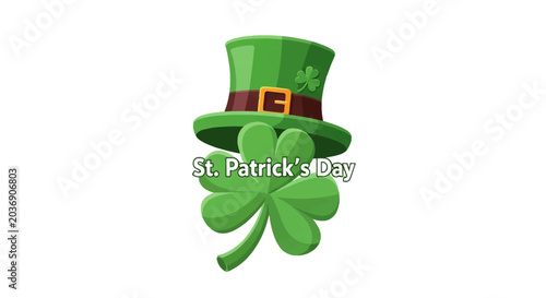 St. Patrick's Day vector illustration featuring a green leprechaun hat with a gold buckle and brown band resting on a large four-leaf clover with central text on a white background.