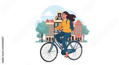 Vector illustration of a smiling woman with a backpack riding a bicycle past traditional Dutch gabled houses in a European city street, flat design isolated on white background.
