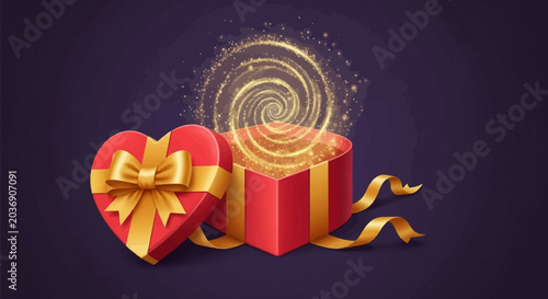 Open red heart-shaped gift box with golden ribbon and satin bow, featuring a magical golden light spiral and sparkling particles emerging from inside on dark purple background.