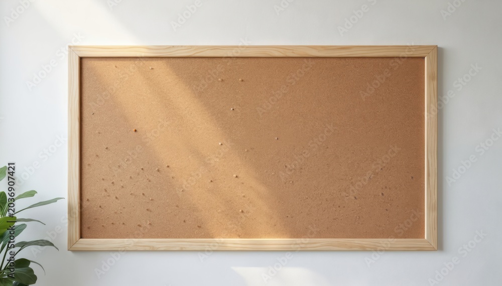 Fototapeta premium Empty cork bulletin board with wooden frame hangs on white wall. Sunlight casts shadows across its textured surface, ready for notes or artwork. Includes scattered pins.