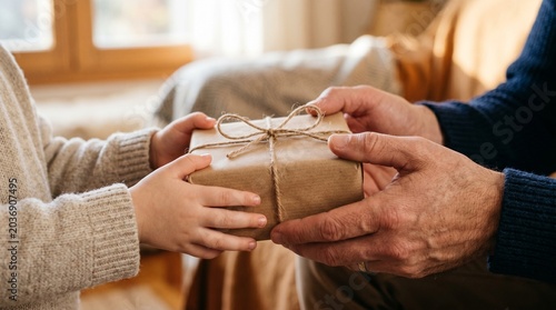 A child receives a gift from an older person, showing a heartwarming moment of giving and receiving.