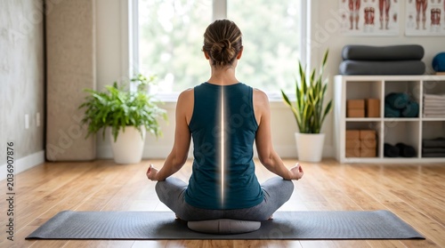 Woman meditating in yoga pose with spine highlighted, promoting wellness and physical health