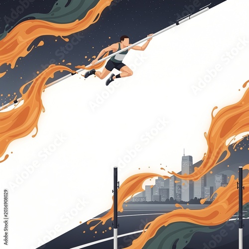 Dynamic Vector Illustration of a Pole Vaulter Leaping Over Urban Cityscape with Abstract Energy Swirls