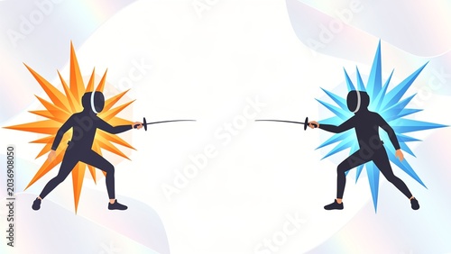 Stylized Fencing Duel Illustration with Contrasting Orange and Blue Energy Bursts