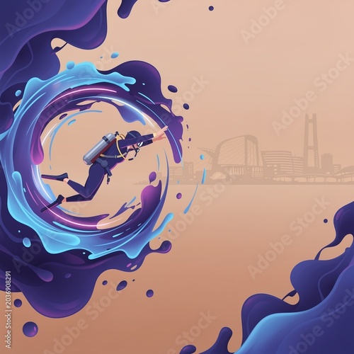 Surreal Digital Illustration of a Scuba Diver Leaping Through a Liquid Portal Vortex Towards a Futuristic City Skyline