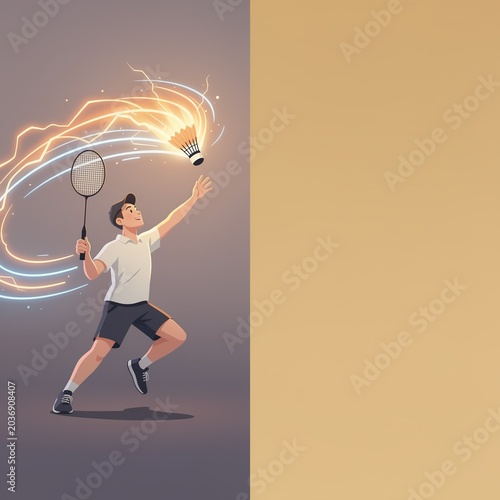 Dynamic 3D Illustration of a Badminton Player Hitting a Shuttlecock with Energetic Glowing Light Trails