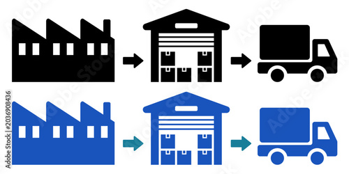 生産物流フローアイコン 工場・倉庫・トラックの出荷プロセスシンボル Production Logistics Flow Icon Factory Warehouse Truck Shipping Process
