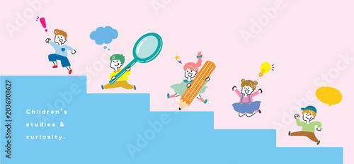 Schilderij op canvas 子供たちの学習の成長をイメージした線画イラスト　勉強のステップアップ